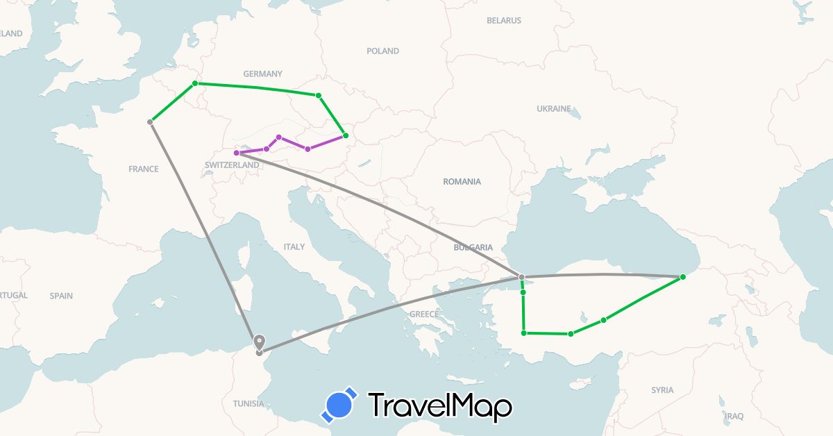 TravelMap itinerary: bus, plane, train in Austria, Belgium, Switzerland, Czech Republic, Germany, France, Tunisia, Turkey (Africa, Asia, Europe)